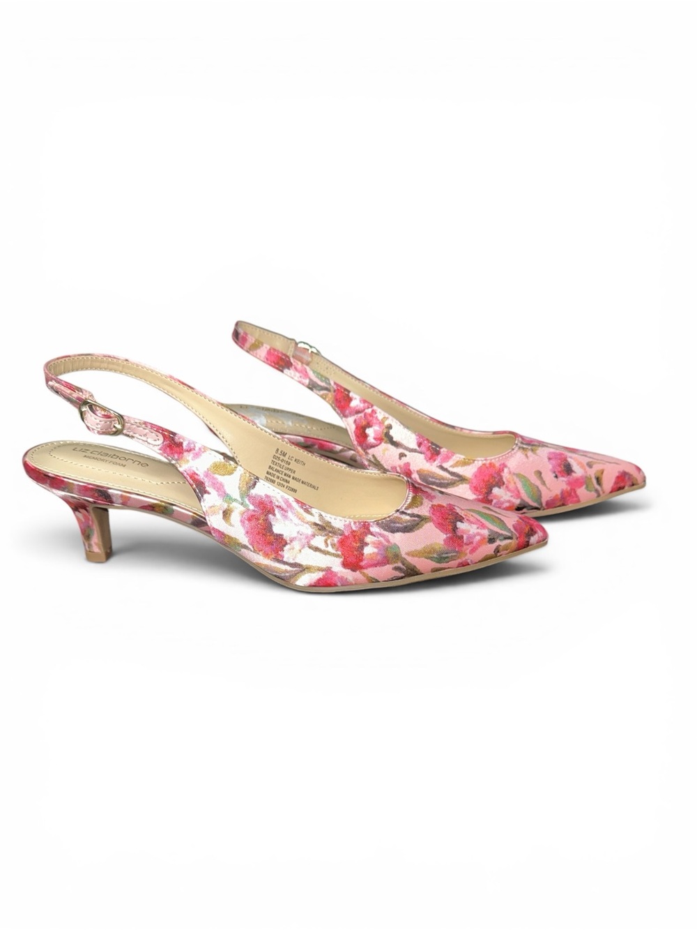 Liz Claiborne Keith Women's Pink Floral Satin Slingback Kitten Heels Size 8.5 - Picture 5 of 8